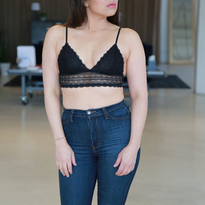 Super soft black lace triangle bralette with lined cups adjustable spaghetti straps and an elastic criss cross back