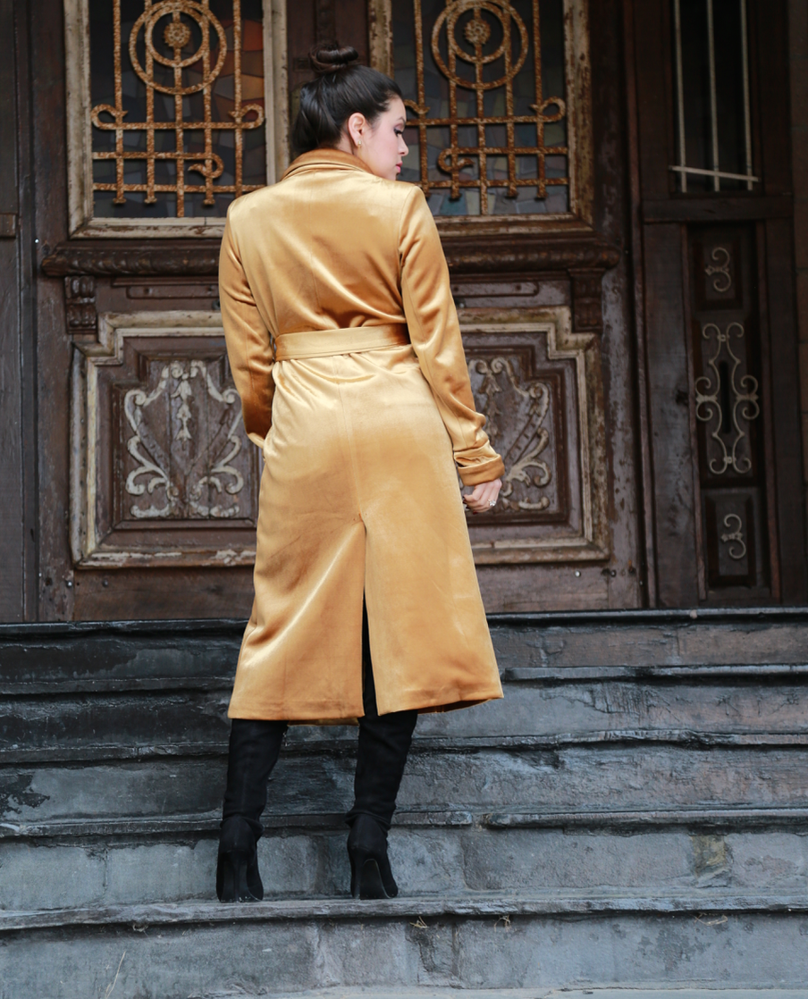 full length gold velvet trench coat with pockets and matching belt