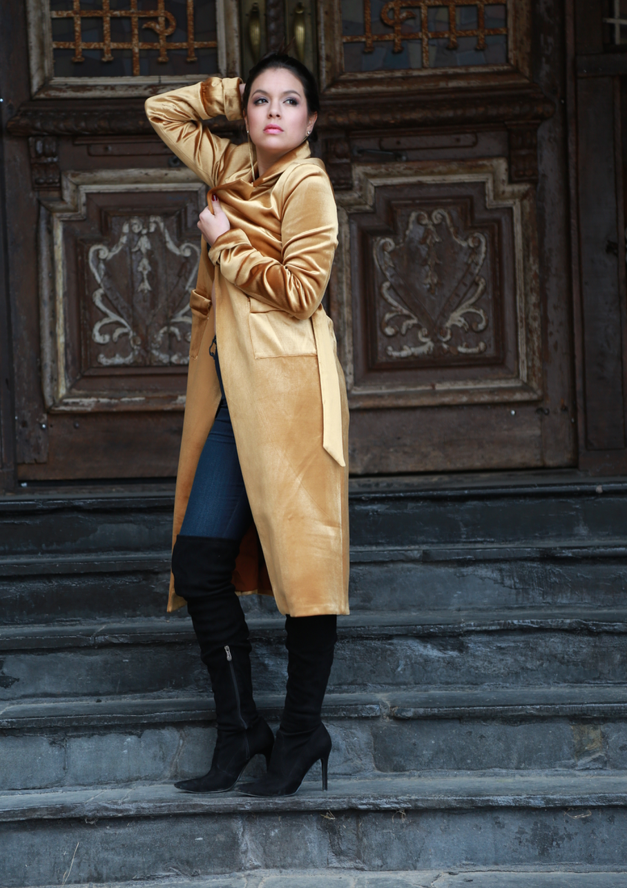 full length gold velvet trench coat with pockets and matching belt